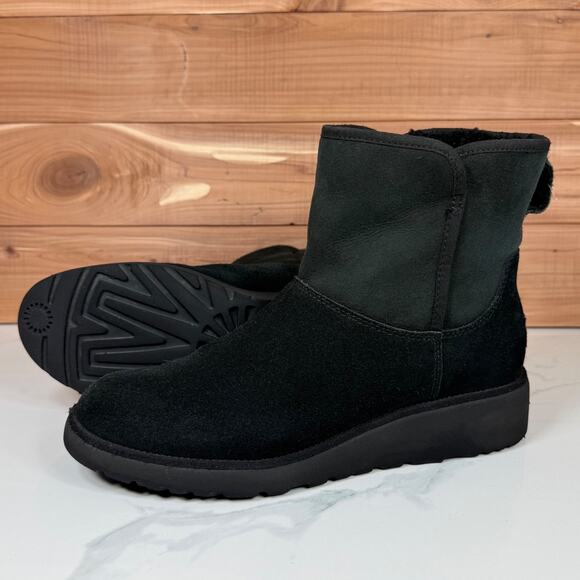 UGG Kristin Mini Platform Wedge Pull On Ankle Boot Black Suede Shearling size 9 - Picture 11 of 15